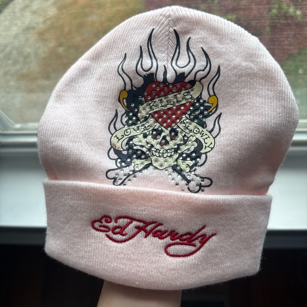 Ed Hardy Light Pink Kids Skull Beanie